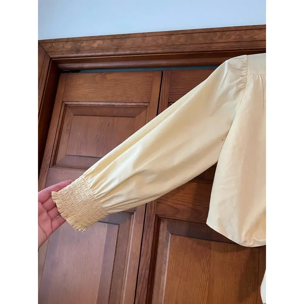 NWT Abercrombie & Fitch Poplin Tie Front Crop Top Yellow Puff Sleeve Size S